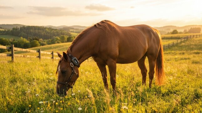 Brown horse wearing tracking collar grazing peacefully within golden hour pasture under warm sunset light with serene meadow during while grazing tall captures brown agriculture countryside field
