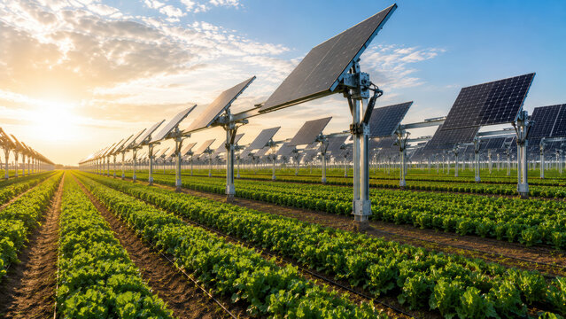 Solar crop integration, pv panels above green field at sunrise with orderly rows and clean energy farm landscape