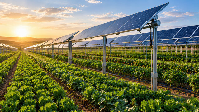 Solar farm crop field pv integration at sunrise with green row vegetable plantation and panel array