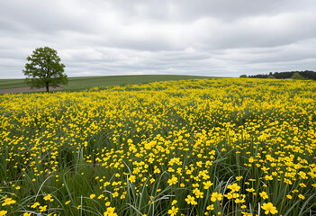 Obraz premium Spring landscape with vibrant yellow buttercup flowers in a vast field, nature and environmental beauty, rural countryside scene