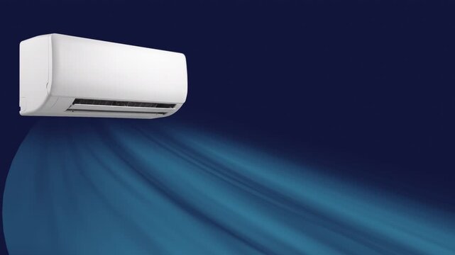 4k animation video of Modern white wall mounted air conditioner unit blowing cool air against a dark blue background