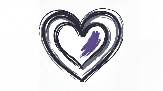 Abstract purple brushstroke heart with hollow void center, grief bereavement emotional loss and mourning heart symbol graphic illustration isolated on white
