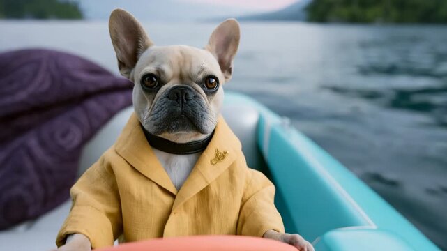 French bulldog wearing a yellow jacket steering a small boat on a lake at sunset for pet portrait background and banner design