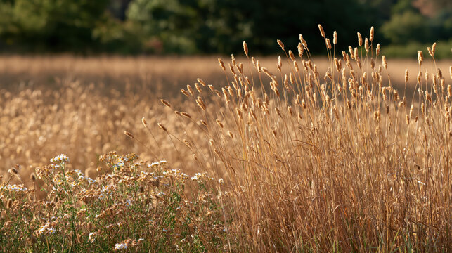 Golden grass meadow wildflower summer fall nature landscape with dry seed head and soft forest background, warm seasonal field scene during late afternoon light