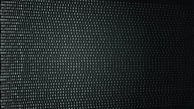 Binary digits flow across dark digital background as rows of computer code shift continuously