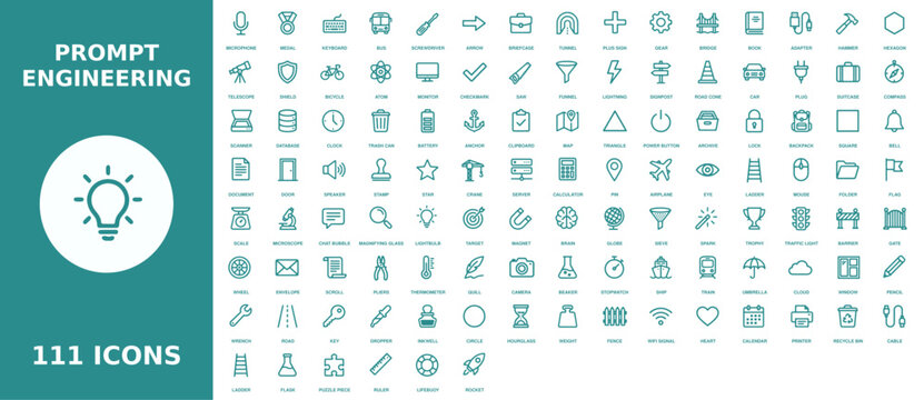 Extensive collection of 111 prompt engineering and artificial intelligence related line icons for tech startup websites and innovation platforms