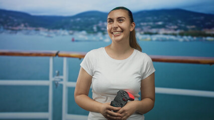 Woman holding a gamepad with both hands, smiling toward camera while standing at a ship deck railing with sea and distant hills visible in daylight  joyful leisure. © Krakenimages.com