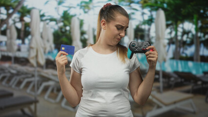 Woman holds gamepad and creditcard, frowning while comparing them inside a hotel building pool area  confusion dilemma. © Krakenimages.com