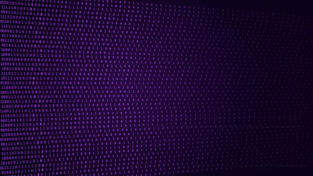 Binary digits forming a purple digital data pattern across a dark abstract background