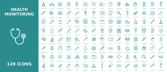Comprehensive collection of health monitoring line icons for medical diagnostics fitness tracking and healthcare technology application design © MDABDUS