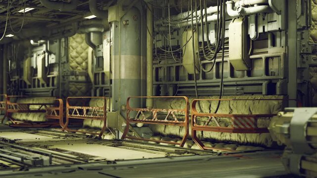 Decommissioned reactor service deck with safety barriers and heavy piping, faded hazard markings on floor, rusted valves and control panels, scattered
