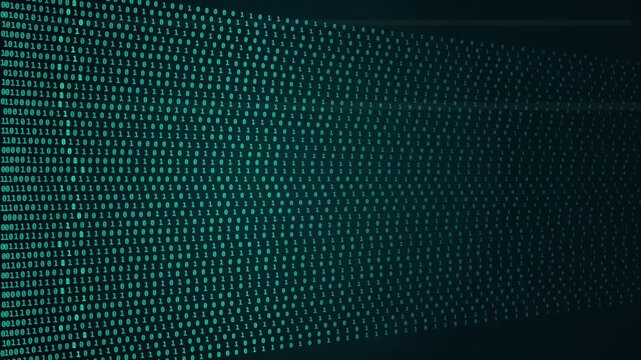 binary code stream flowing in wave pattern across dark digital background