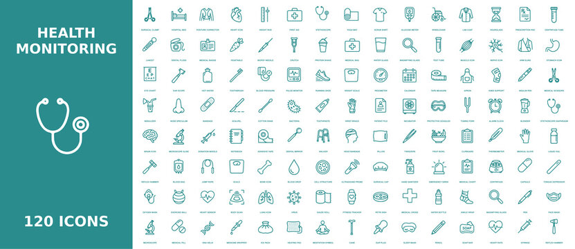 Comprehensive collection of health monitoring line icons for medical diagnostics fitness tracking and healthcare technology application design