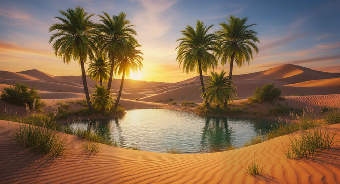 Beautiful Oasis in the Desert with Palm Trees at Sunset