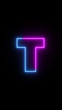 Glowing neon capital Latin alphabet T animation. English Language Letter T, Neon futuristic effect. Trendy font with glow lighting. Educational concepts