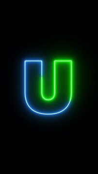 Glowing neon Blue English letter U animation on a black background. Modern neon typography perfect for logo reveals, titles, intros, education, branding, motion graphics, and futuristic designs.