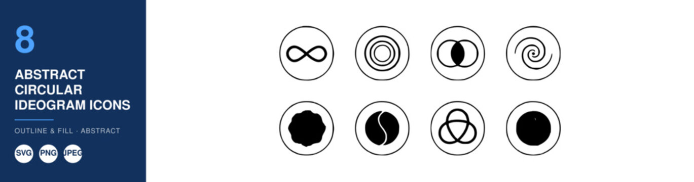 Circular Ideogram Icons Set, Abstract Outline and Fill Design. Minimalist Vector Graphics