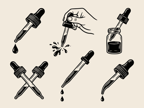 Linocut medical dropper set with glass pipette, hand squeeze bulb, and vial, isolated on cream background