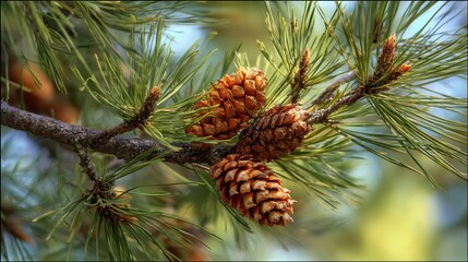 Obraz premium Close-up pinecone clinging to a lush evergreen branch in a serene forest setting, perfect for nature and botanical decor inspiration