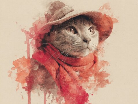 Watercolor portrait of a stylish cat wearing a hat and scar