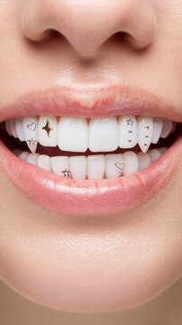 Stunning close up of white teeth adorned with gold gems