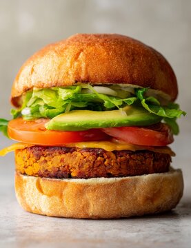 Delicious vegan veggie burger with avocado lettuce and tomato closeup