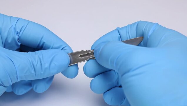 Close-up of medical professional attaching a blade to a surgical scalpel handle