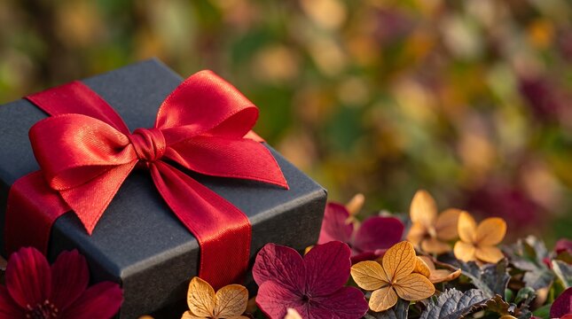 Black Gift Box With Red Ribbon And Autumn Flowers