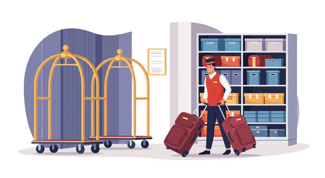 Hotel porter with luggage carts and suitcases assisting guests in a hotel lobby