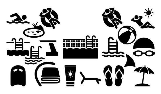 Swimming Pool Lifestyle Icons Collection with Swimmer, Sunbather, Beach Ball and Pool Accessories