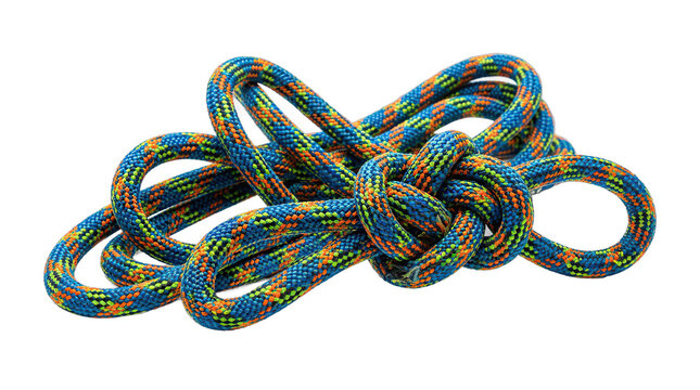 Colorful braided paracord knot with blue and orange strands woven into an intricate tangle