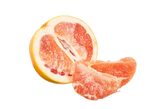 half of grapefruit with sliced grapefruit pieces isolated on white or transparent png