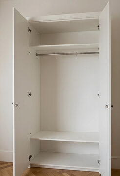 Empty white wardrobe with open doors minimalist home interior design storage and organization solutions clean modern closet