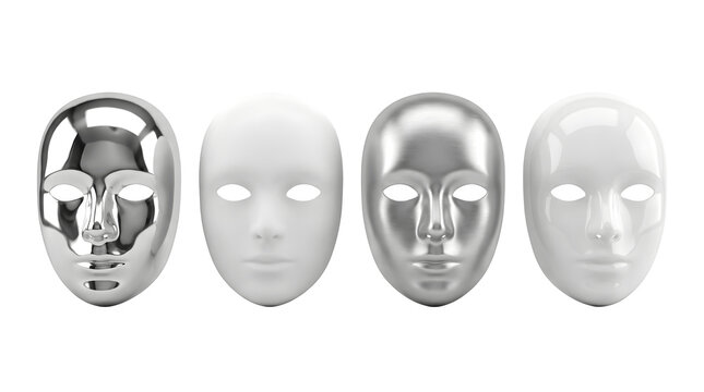 Four distinct human faces and masks showing different metallic and white