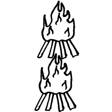 Campfire doodle icon set &ndash; black and white fire drawing, hand-drawn vector outline style

