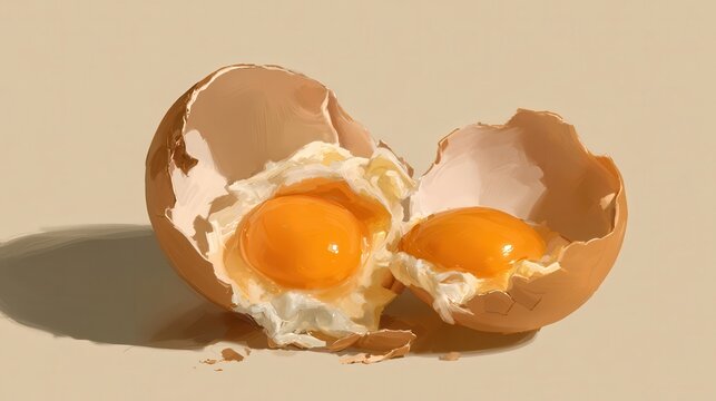 Fresh cracked egg with bright orange yolk and white albumen in shell. Perfect for breakfast food concepts.