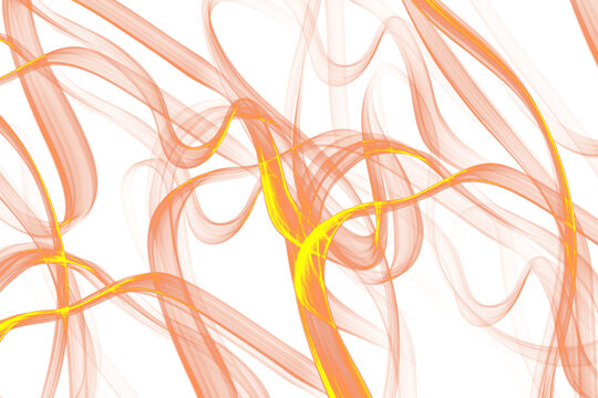 Dynamic Abstract Background with Flowing Orange and Yellow Waves. Elegant Digital Illustration of Smoke-like Ribbons on White Background.