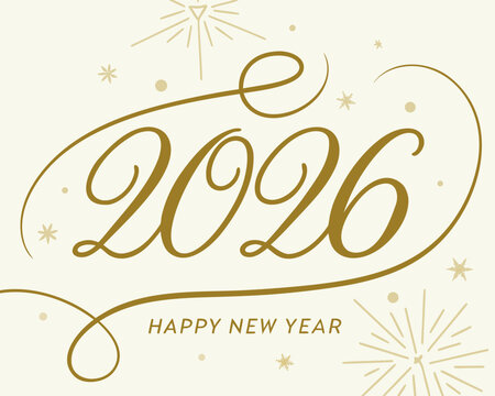 Elegant gold 2026 Happy New Year calligraphy, luxury holiday greeting vector with fireworks, festive gold script typography