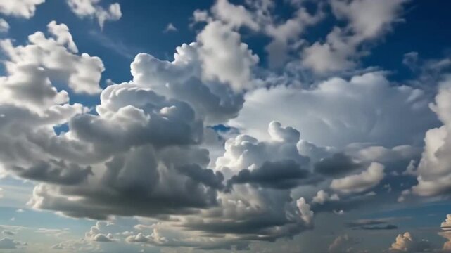 Majestic Cumulonimbus Clouds: Towering cumulonimbus clouds dominate the sky, with a dramatic contrast between the sunlit white tops and the shadowed, stormy undersides.