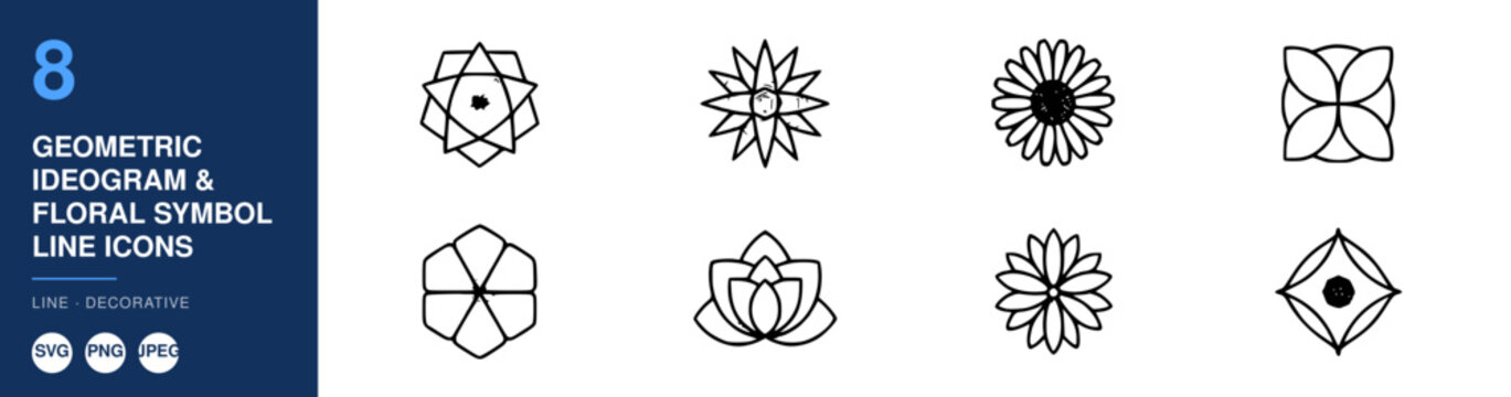 Geometric Ideogram Floral Symbol Line Icons Set, Decorative Nameplate Design, Minimalist Vector Illustration