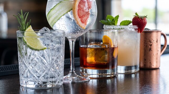 Assorted Refreshing Alcoholic Cocktails and Drinks in Glasses on Wooden Bar Counter