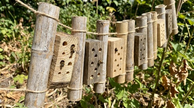 Bug hotel made of bamboo and wood for solitary bees in a sustainable eco garden.