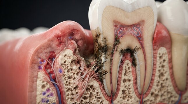 Dental cross section model showing periodontal ligament damage and bacterial infection.