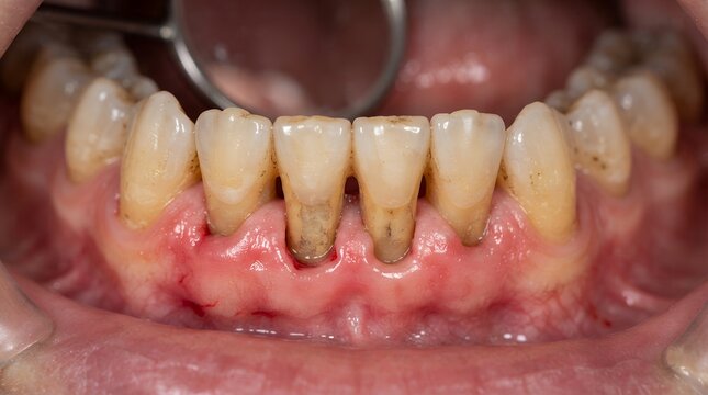 Severe gum recession with exposed tooth roots and periodontal disease in dental close up.