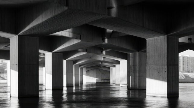 Low angle view of concrete bridge pillars reflecting in calm water. This architectural structure depicts a strong sense of urban geometry and minimalist design.