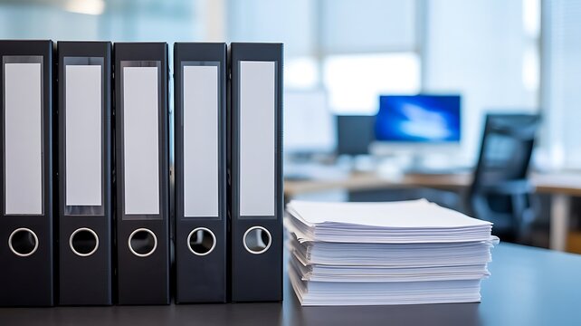 Row of black office ring binders and a stack of white paper on a desk in a corporate office environment for document management
