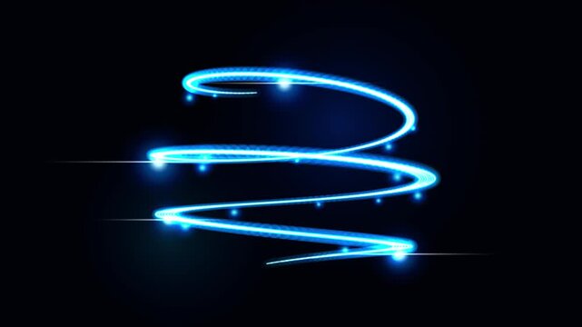 Abstract glowing blue neon light trail swirling in a spiral shape on a black background. Futuristic magic energy line and optical flare loop.