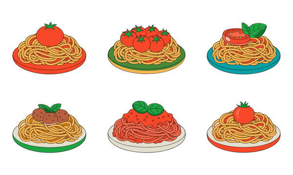 Colorful spaghetti plate collection with tomato sauce, vegetables and basil for Italian food menu illustrations
