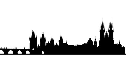 Fototapeta premium Prague City Skyline Silhouette Vector Illustration Featuring Charles Bridge and Old Town Historic Architecture Isolated on White Background for Travel Graphic Design