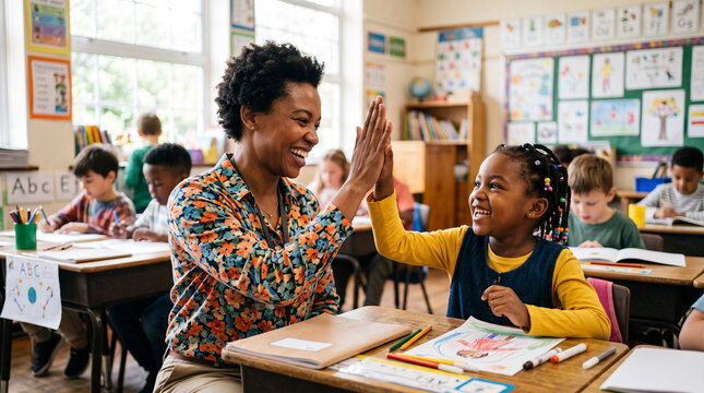 Teacher and student high-fiving in classroom, symbolizing achievement and encouragement.